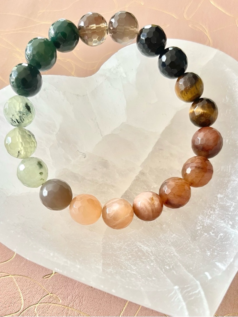 Mixed Gemstone Bracelet | Earth Tone Crystal Bead Stretch Bracelet 7” Chunky - Picture 2 of 2